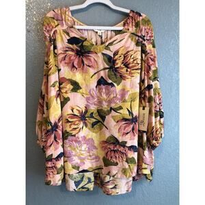 Terra & Sky Womens Tunic Top 1X Long Sleeve Pearl Blush Floral Boho Cottage New